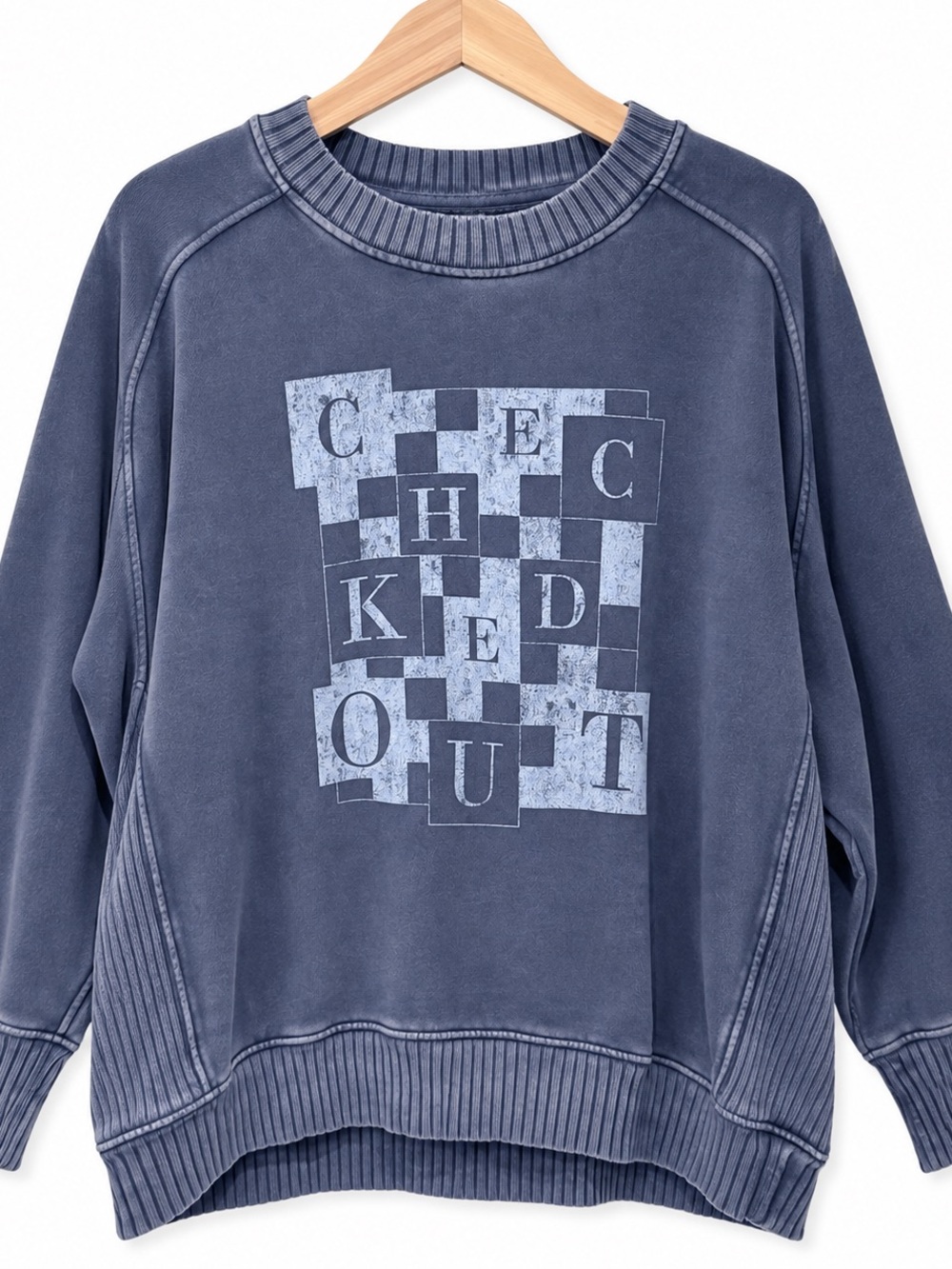 Aerie Checked Out Graphic Oversized Sweatshirt Washed Navy Blue XL
